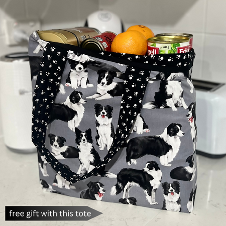 Grocery Tote ... Lined with storage pouch ... Border Collie