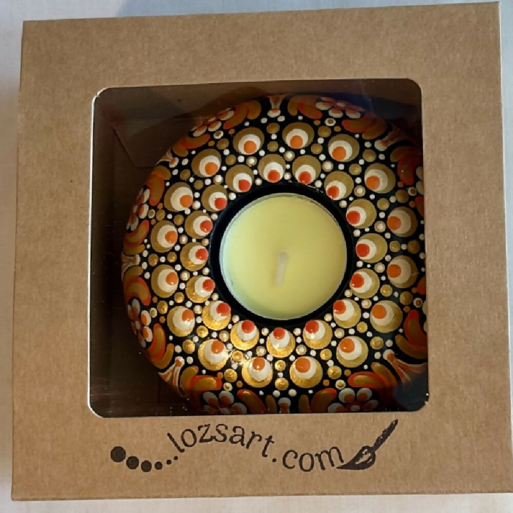 Unique Hand-painted Tea-light Candle Holder Gift Boxed, Orange, Red, Gold & Black
