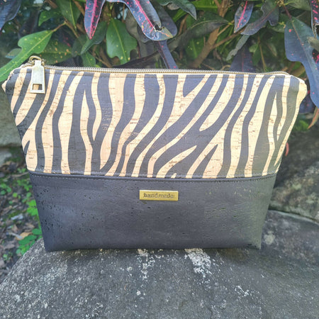 Cork Toiletry Bag-Black with Zebra Stripe Pattern