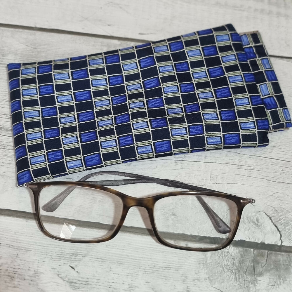 Flex frame glasses pouch, upcycled tie - cobalt, navy pattern