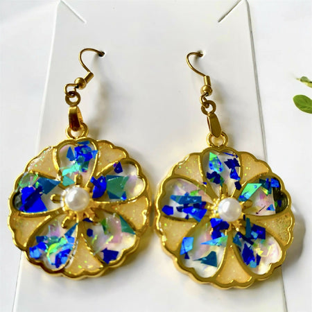 Blue and gold flower earrings