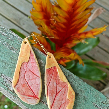 Firey red and yellow leaf print Large abstract snapped earrings