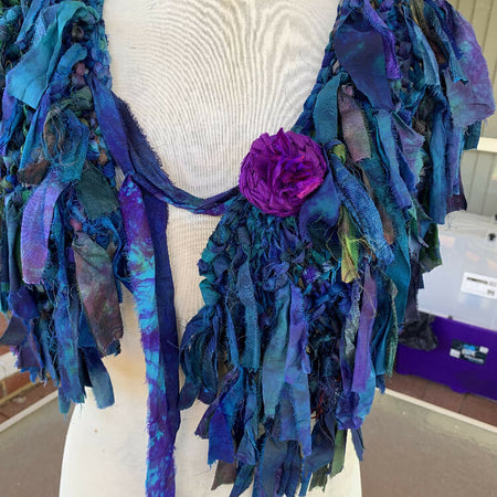 Recycled silk collar, scarf, purple blue, hand knit