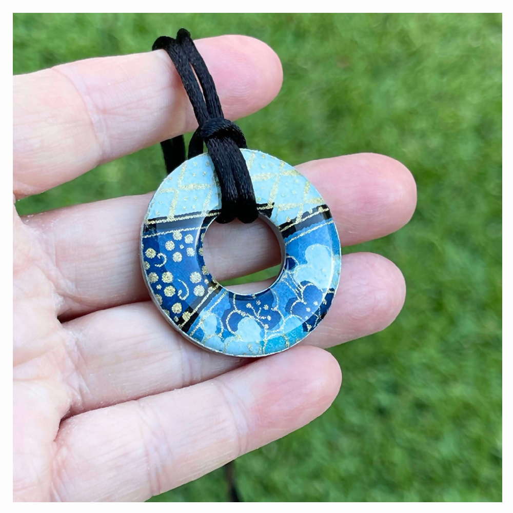 Blue Cherry Blossom Round Necklace with Adjustable Cord