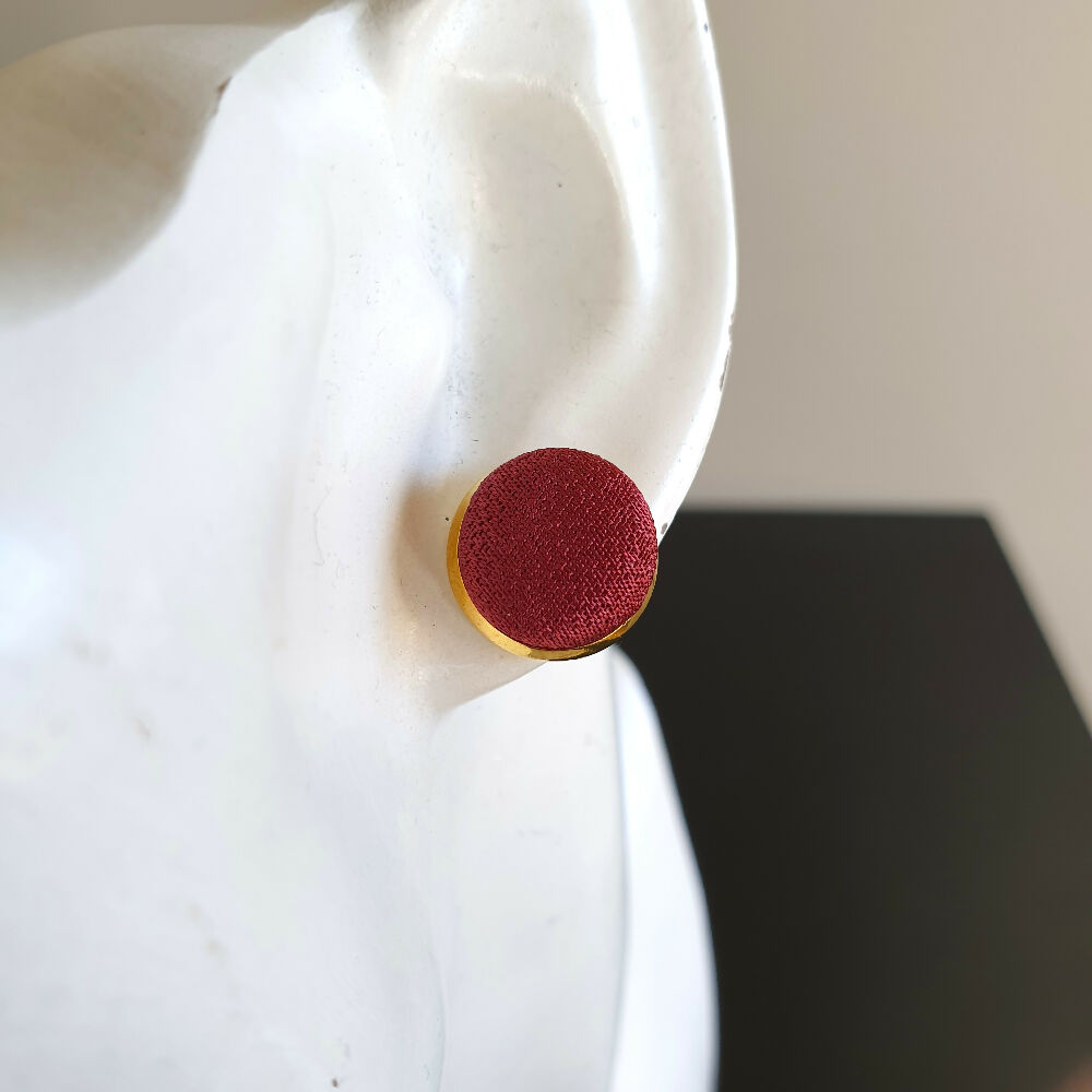 1.4cm Round Dark Brown Kimono Fabric Cabochon stud earrings