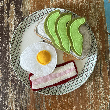 Breakfast set, avocado, egg and bacon felt play food