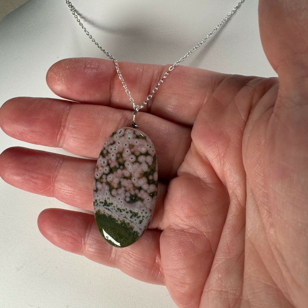 Ocean jasper necklace on hand