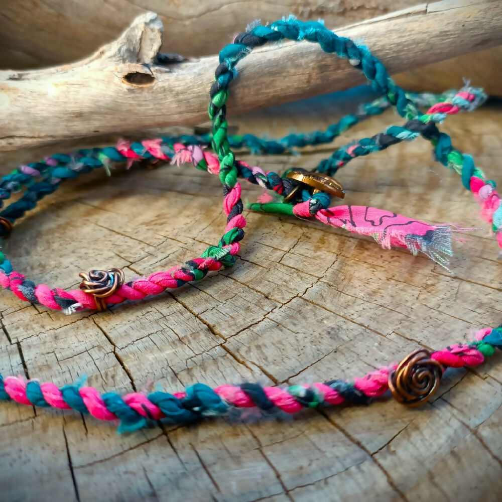 handmade cordage fabric wrap necklace teal pink close up