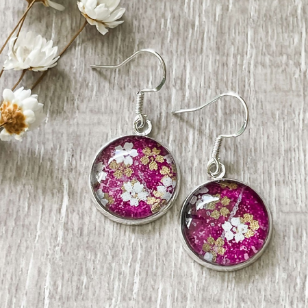 Deep Purple Plum, Delicate White Flowers & Gold Fleck Japanese Paper Earrings