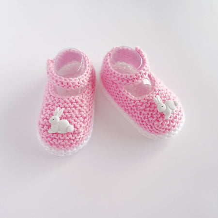 Knit pink and white baby girl booties with rabbits size 3-6 months