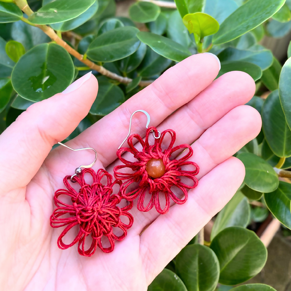 Handmade_Earrings_Flower_Beaded_Gemstone_Red-8