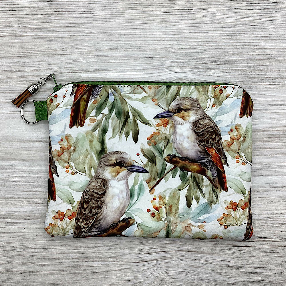 Kookaburras Zip Pouch (21cm x 16cm) Fully lined, lightly padded