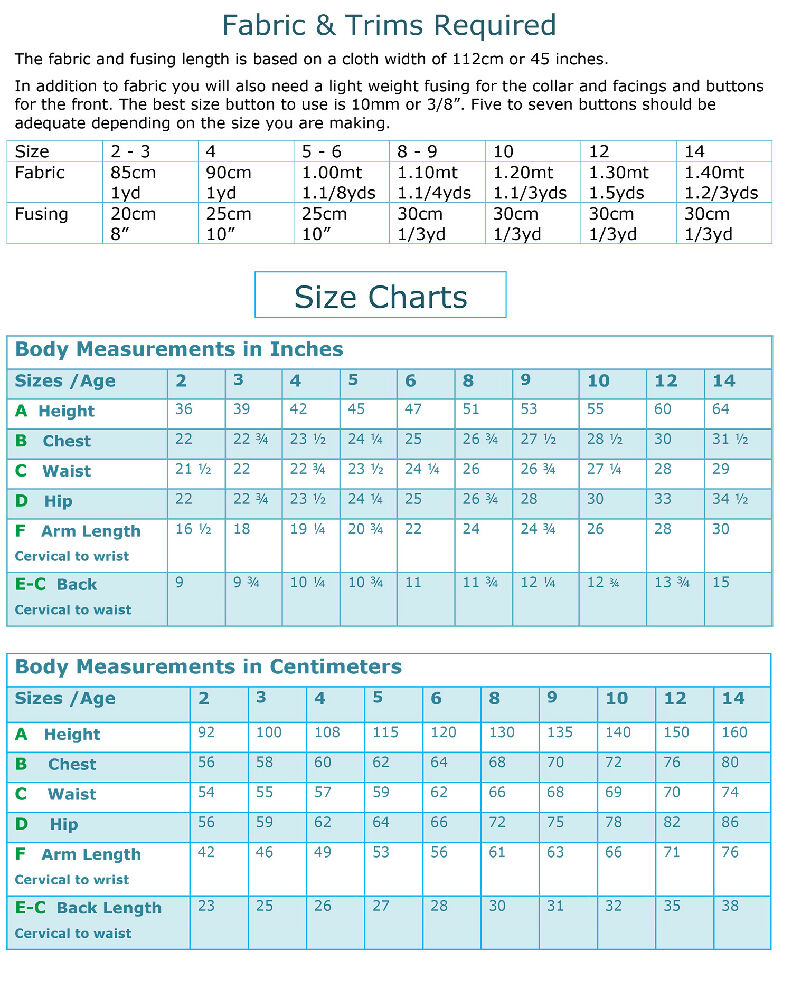 Size and Fabric Charts for listings 2020