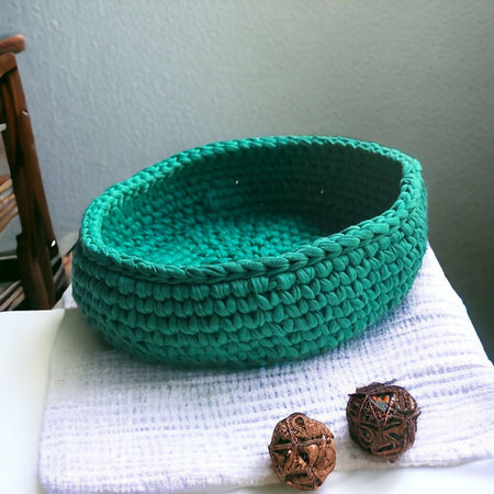 Handmade Crochet Baskets - large - Emerald Green - White
