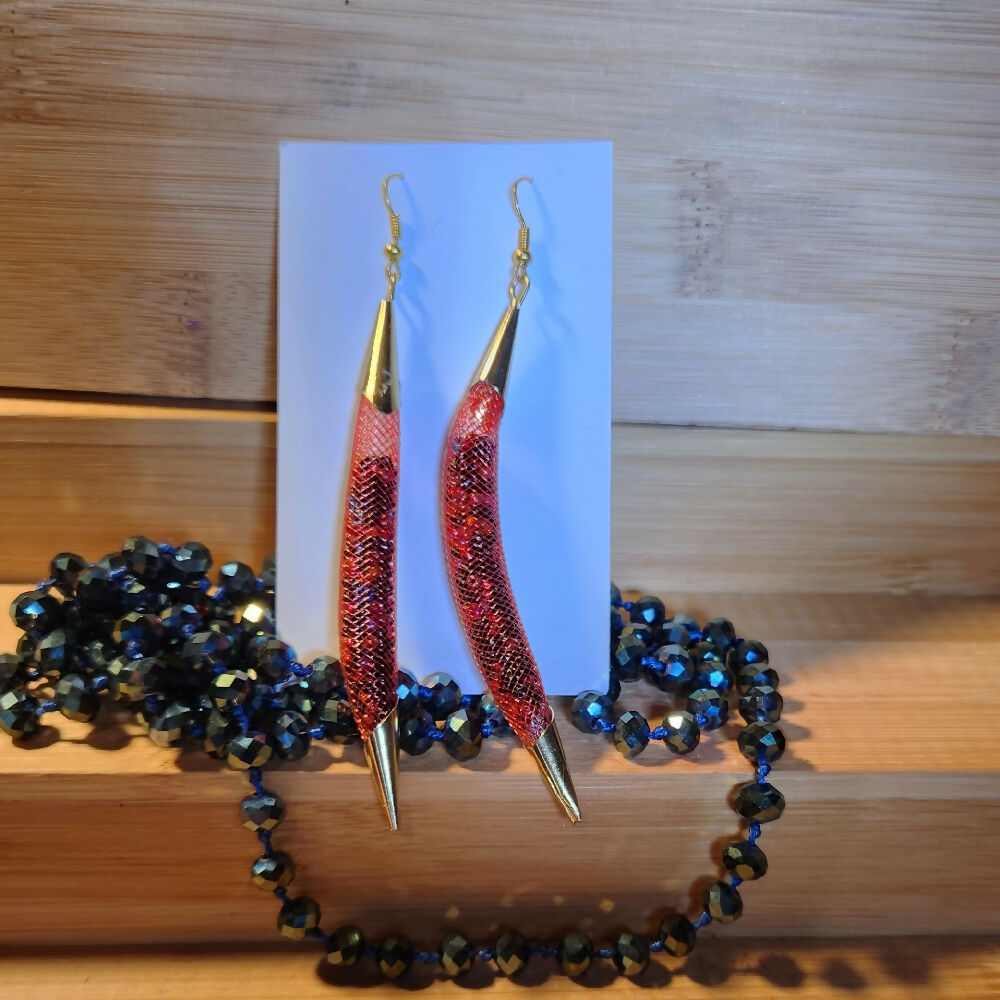 Red nylon mesh dangle earrings, silver hook and end cap.