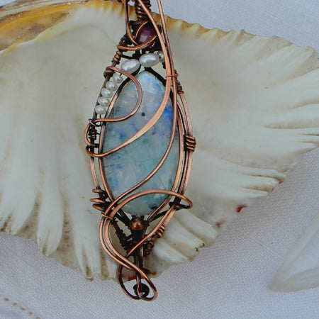 Cosmos - Rainbow Moonstone with Pearls and Ruby in Copper with chain