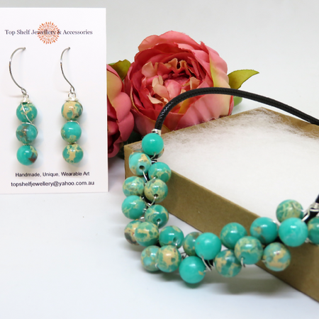 Imitation Sea Jasper Wire Wrapped Beaded Necklace Earrings Set