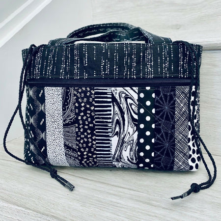 Black and white strip pieced drawstring patchwork bag