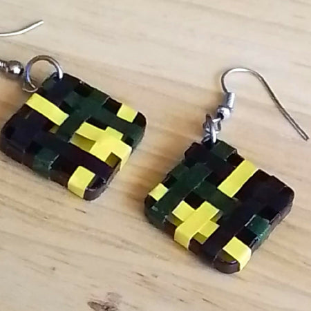 Quilled green and yellow plaid square earrings