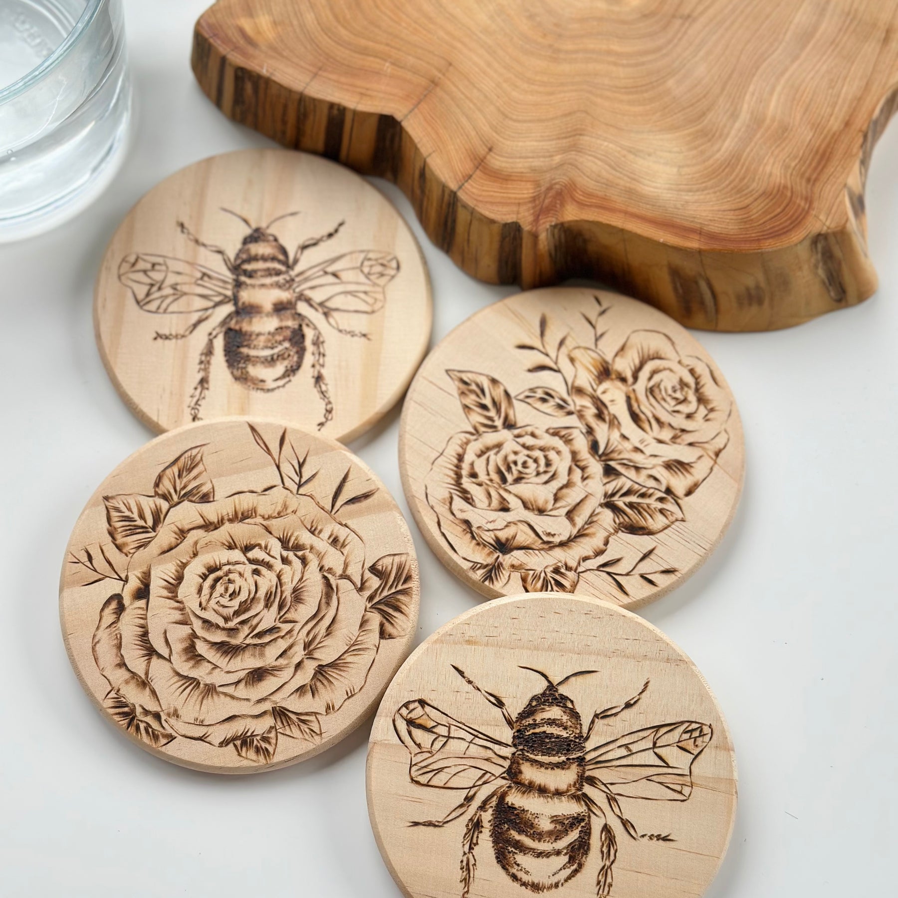 Pyrography Wood Coaster Honey Bee and Flower | Hand Burnt Stunning Coasters