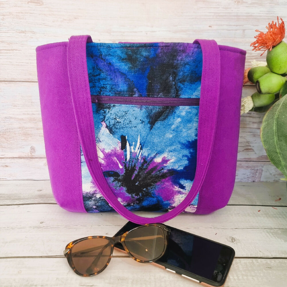 Upcycled small tote bag - purple & blue abstract floral