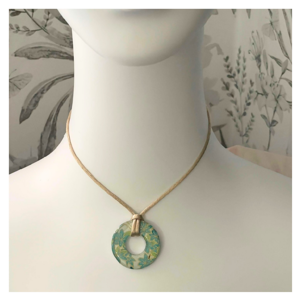 Turquoise and Gold Pattern Pendant with Adjustable Cord