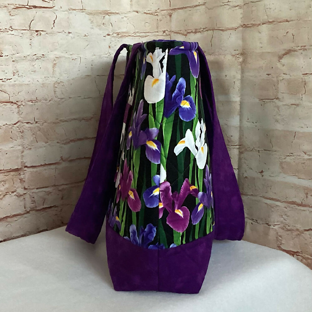 Purple Irises Floral handbag, tote, shoulder bag for shopping, travel or craft.