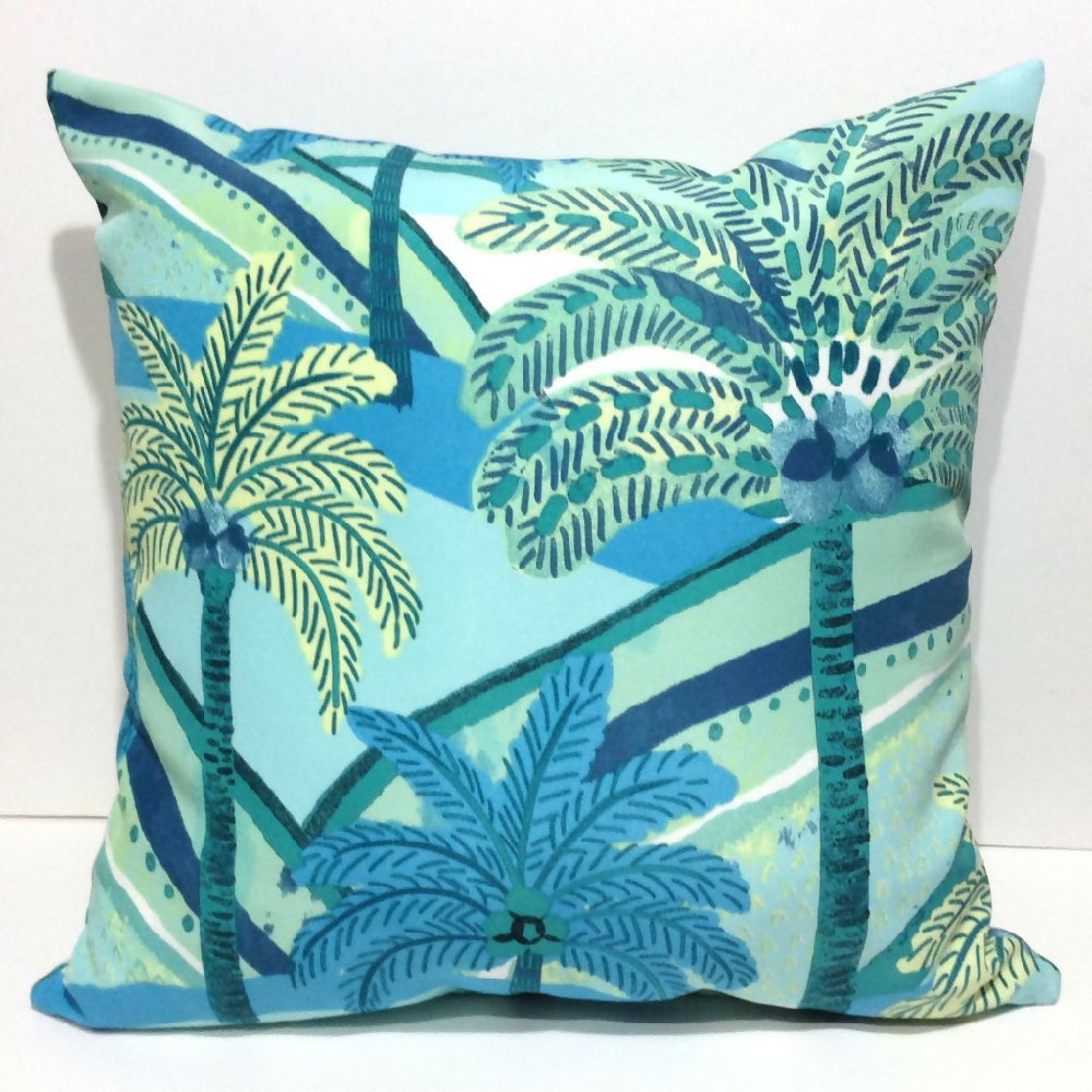 Green and blue palm design outdoor cushion cover. 45x45cm