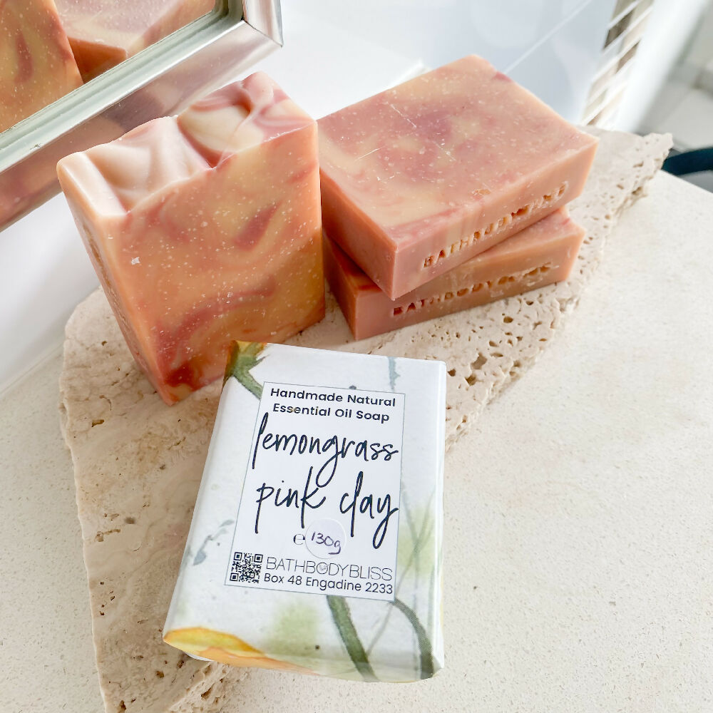 Handmade Lemongrass & Pink Clay Soap with essential oil top view