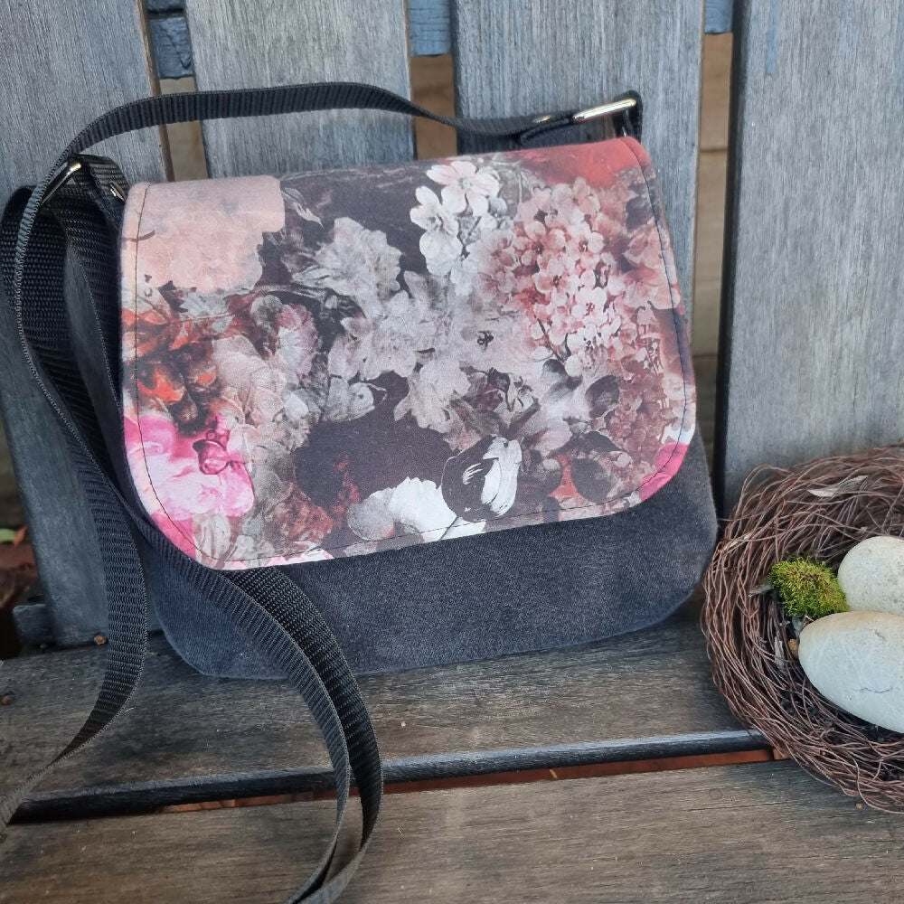 Upcycled mini messenger bag - black & dusty pink flowers