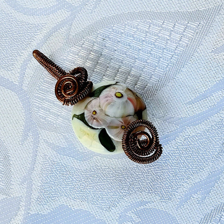 Gorgeous Floral Lampwork Pendant Wirewrapped in Antique Copper Wire