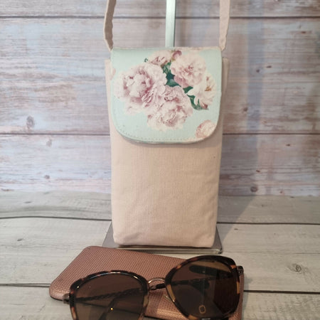 Small upcycled mobile phone crossbody bag - pastel pink roses