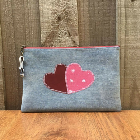 Upcycled Denim Pencil Case - Two Red Hearts