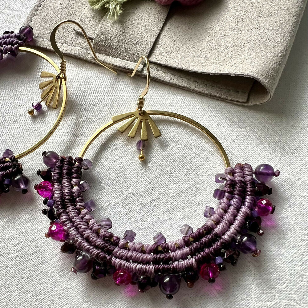 Large Purple Micro Macrame Earrings - Amethyst +Free Microfibre Pouch