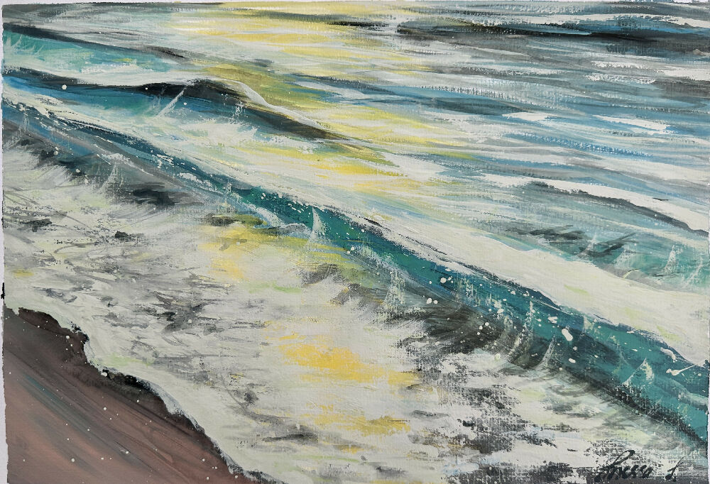 Sun kissed wave, acrylic on canvas paper 40x42cm, signed
