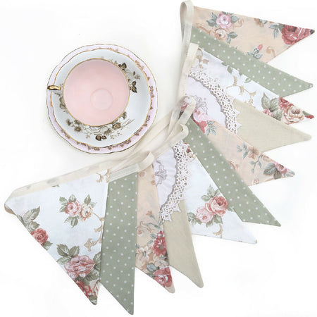 Tea Party Bunting , Country Roses & Doily Lace Floral Fabric Flags , Vintage Decoration