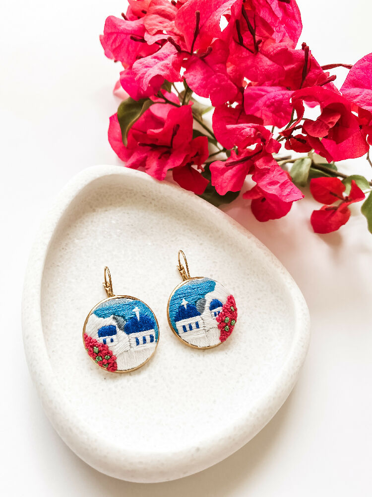 Santorini Hand Embroidered Earrings – Timeless Beauty of the Greek Islands - Round