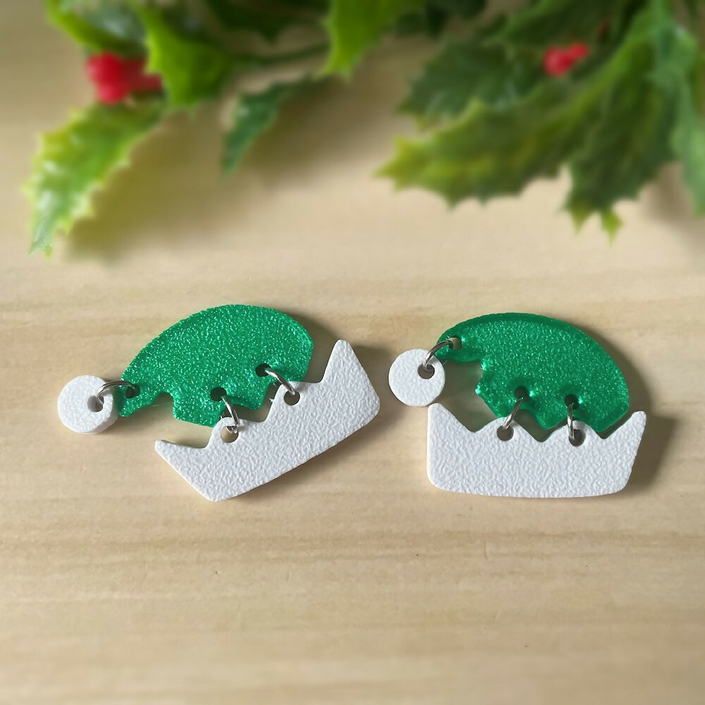 Australian-artist-handmade-jewellery-earrings-Christmas-Gnome-Earrings-Green-Slouchy-Hat