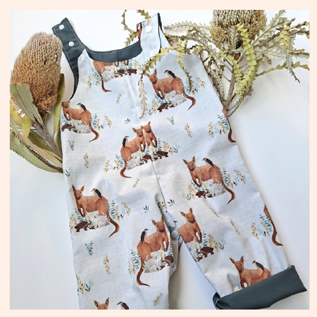 Aussie Animals Reversible Overalls with Kangaroo Koala Echidna Kookaburra