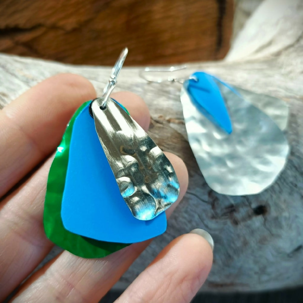 upcyced mixed materials handmade earrings blue green.