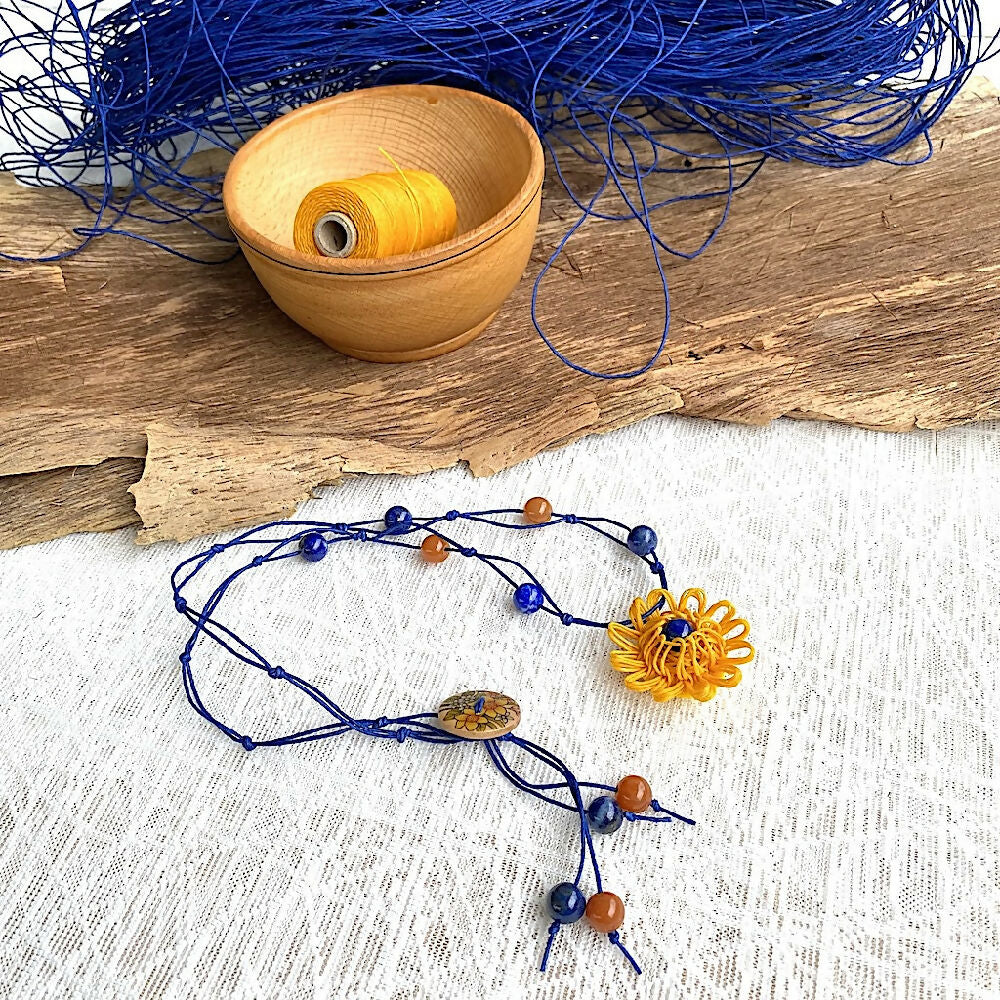 Necklace Knotted Gemstone Beads Flower Pendant Yellow Blue