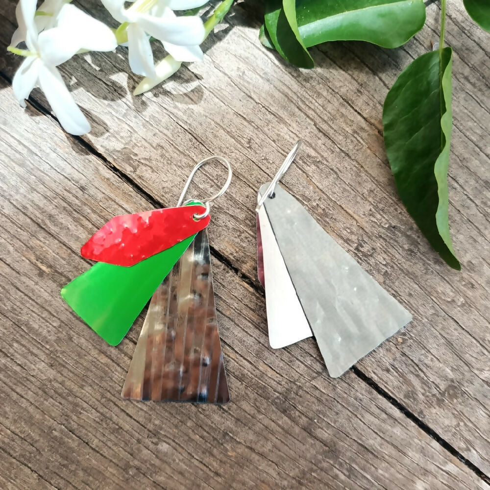 christmas tree earrings handmade upcycled back green red..