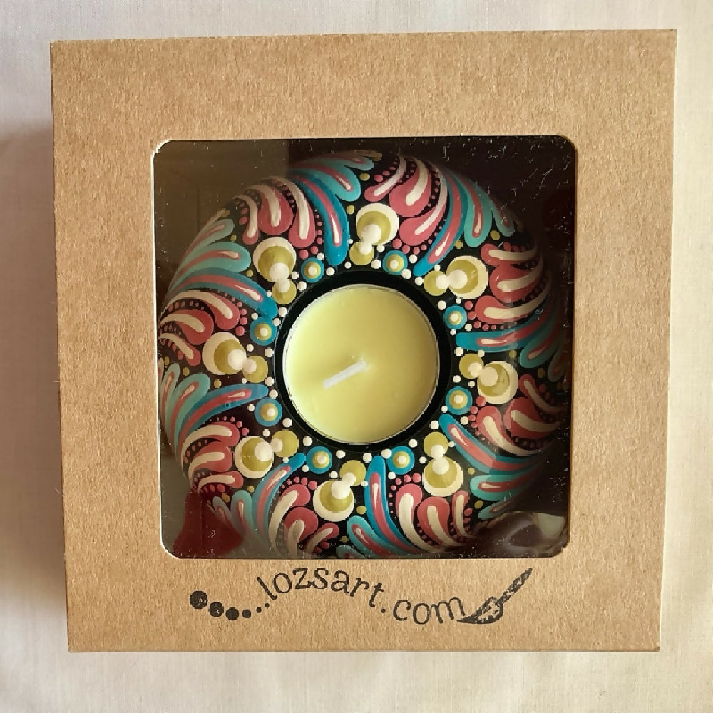 Unique Hand-painted Tea-light Candle Holder Gift Boxed, Pastel Teal, Pink, Blue