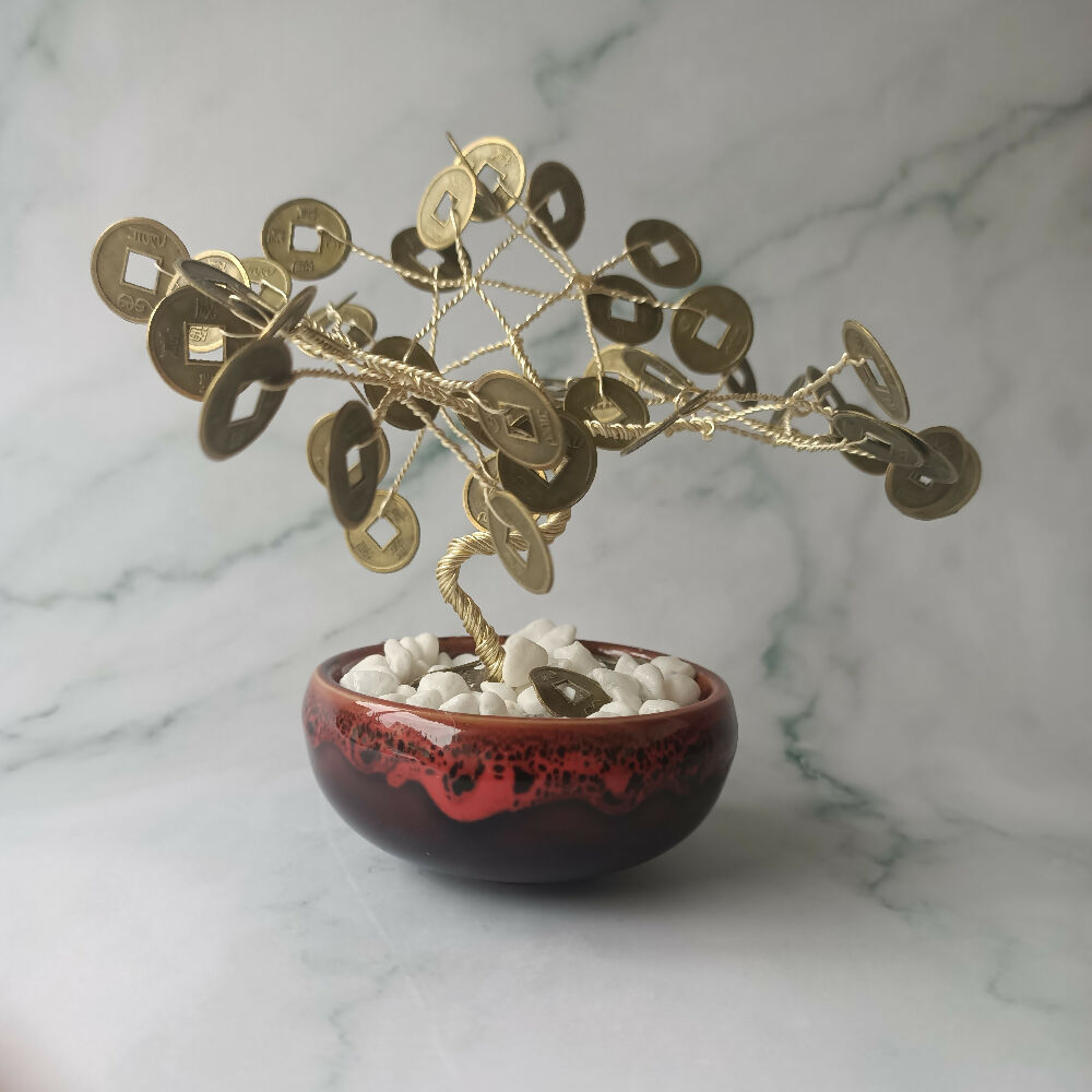 Feng Shui Lucky Coin Mini Tree for Good Luck Fortune Blessings red bas