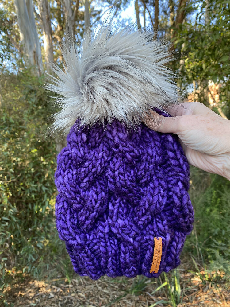 Purple Beanie, Winter Beanie, PomPom Hat Knitted