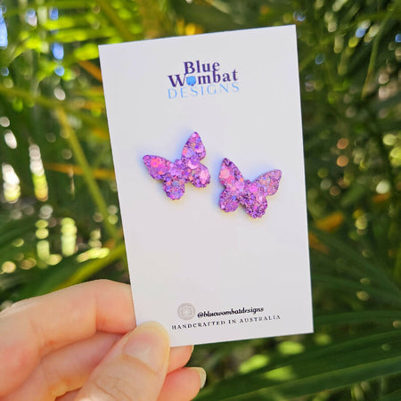 Butterfly Purple Glitter Resin Handmade Earring small studs