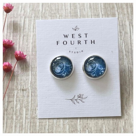 Blue Swirl Pattern Earrings choose Studs, Hooks or Clip-ons