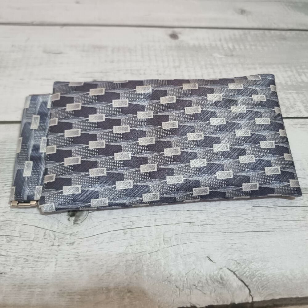 Flex frame glasses pouch, upcycled tie - patterned silver grey