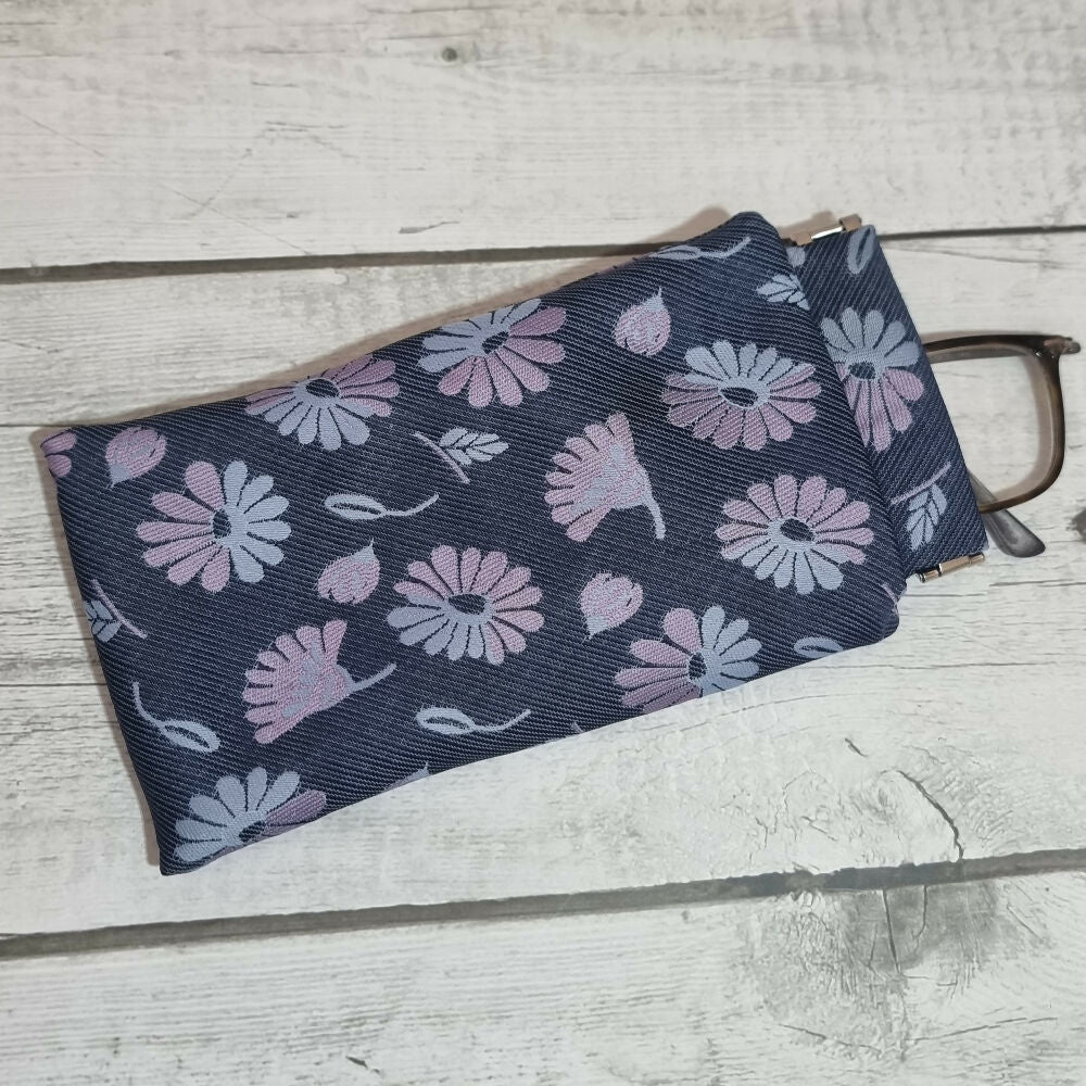 Flex frame glasses pouch, upcycled tie - blue floral