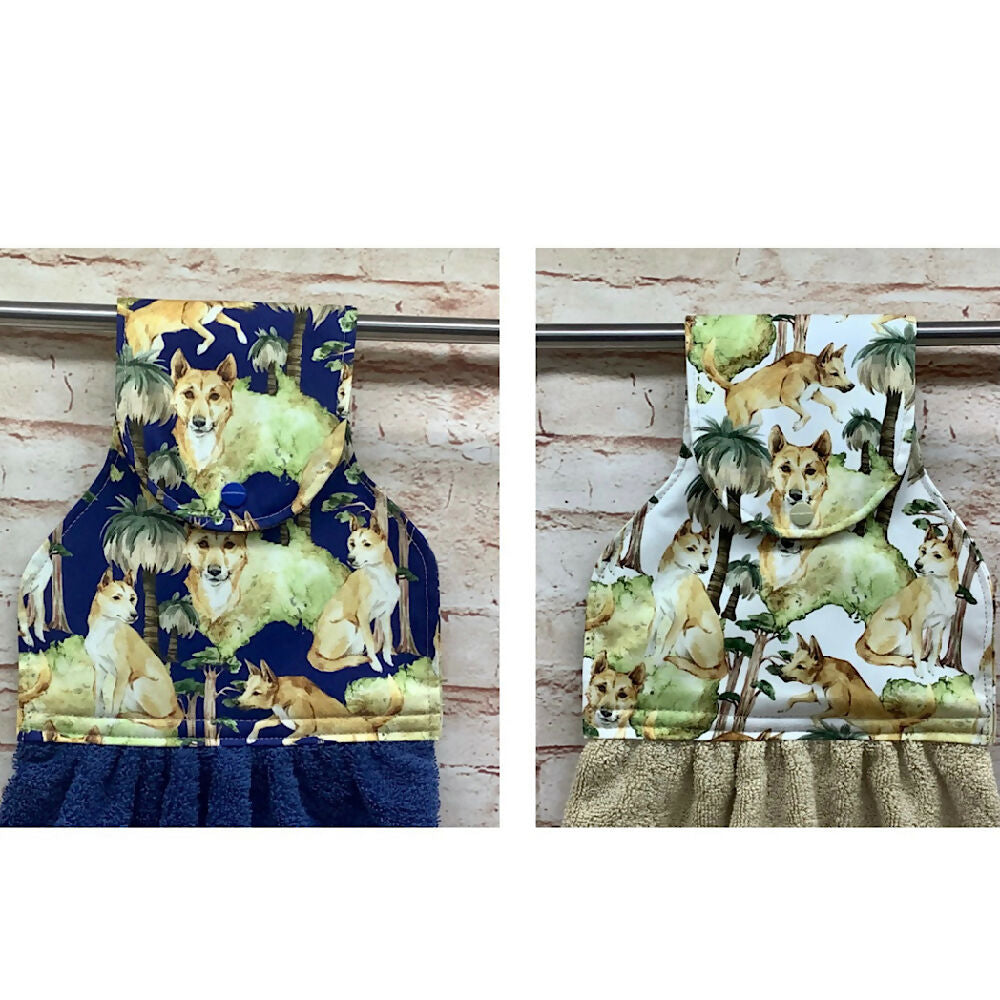 Dingoes hanging hand towel with fabric and loop top. - 2 Designs